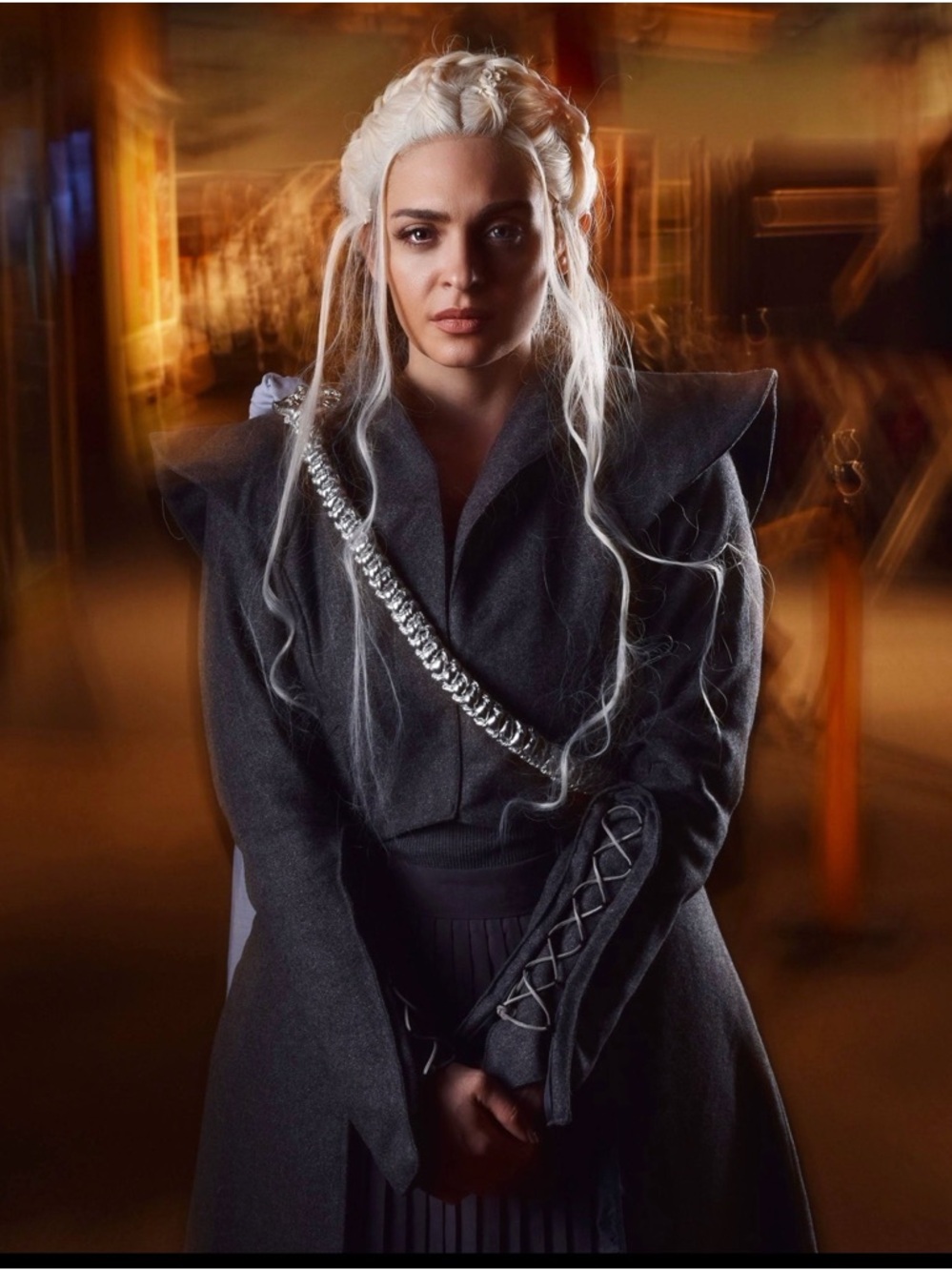 Women's Dark Gray Fantasy Coat with Silver Chain Detail